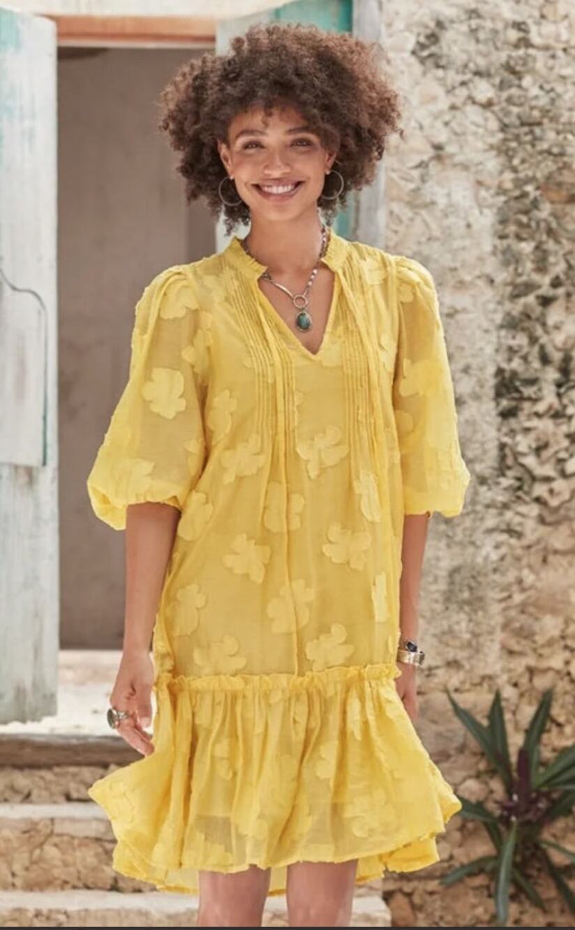 Sundance Yellow Floral Jacquard Tiered Dress XL Boho Ruffle